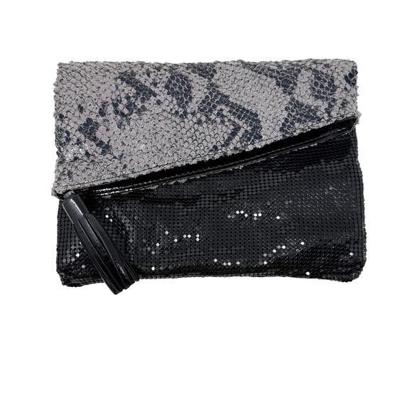 Big Buddha Black Gray Sequin Snake Print Clutch Envelope Purse Bag Tassel Zip - Picture 1 of 9